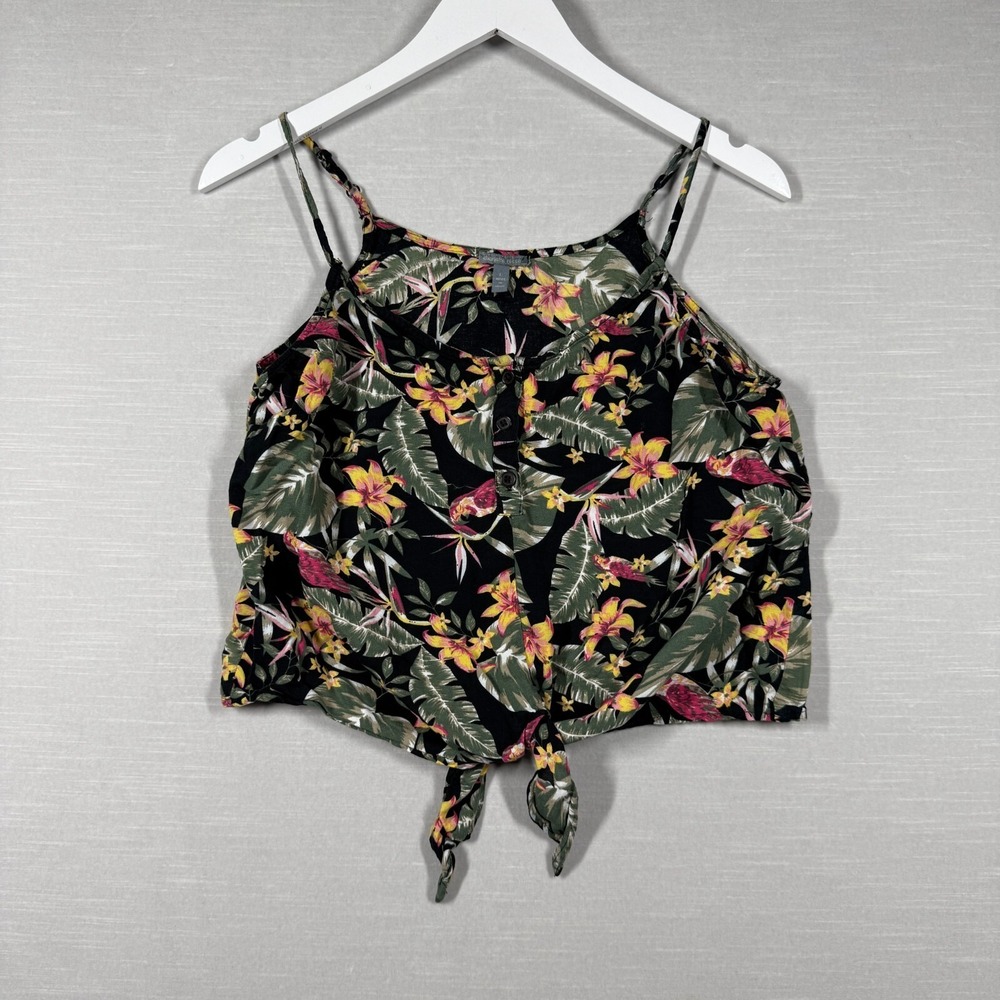 Charlotte Russe Top Womens Large Black Tropical Beach Tie Crop Button Up Tank